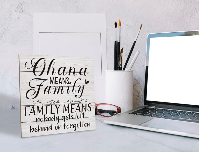 SUSZDOU Family Wooden Plaque, “Family Means Nobody Gets Left Behind or Forgotten”, 6.2x6.2 Inch Table Art Sign, Farmhouse Quote Decor for Living Room or Home Tabletop - Image 4